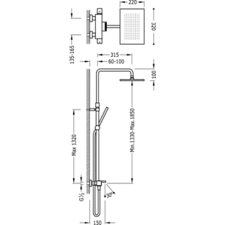 Схема Tres Slim 202.312.01 Душевая система для ванны с термостатом с верхним душем 320x220 мм